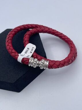 Judith Ripka 925 Sterling Silver Red Braided Leather Wrap Bracelet Magnetic